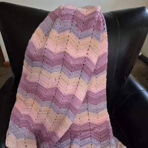 Handmade Chevron Crochet Throw in Pink, Lavender & Cream